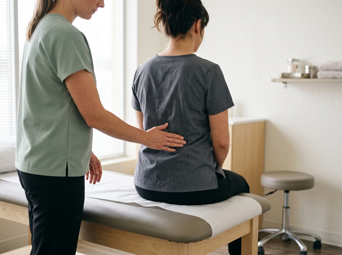 A seated patient faces away while a clinician rests a hand on their lower back during an exam.