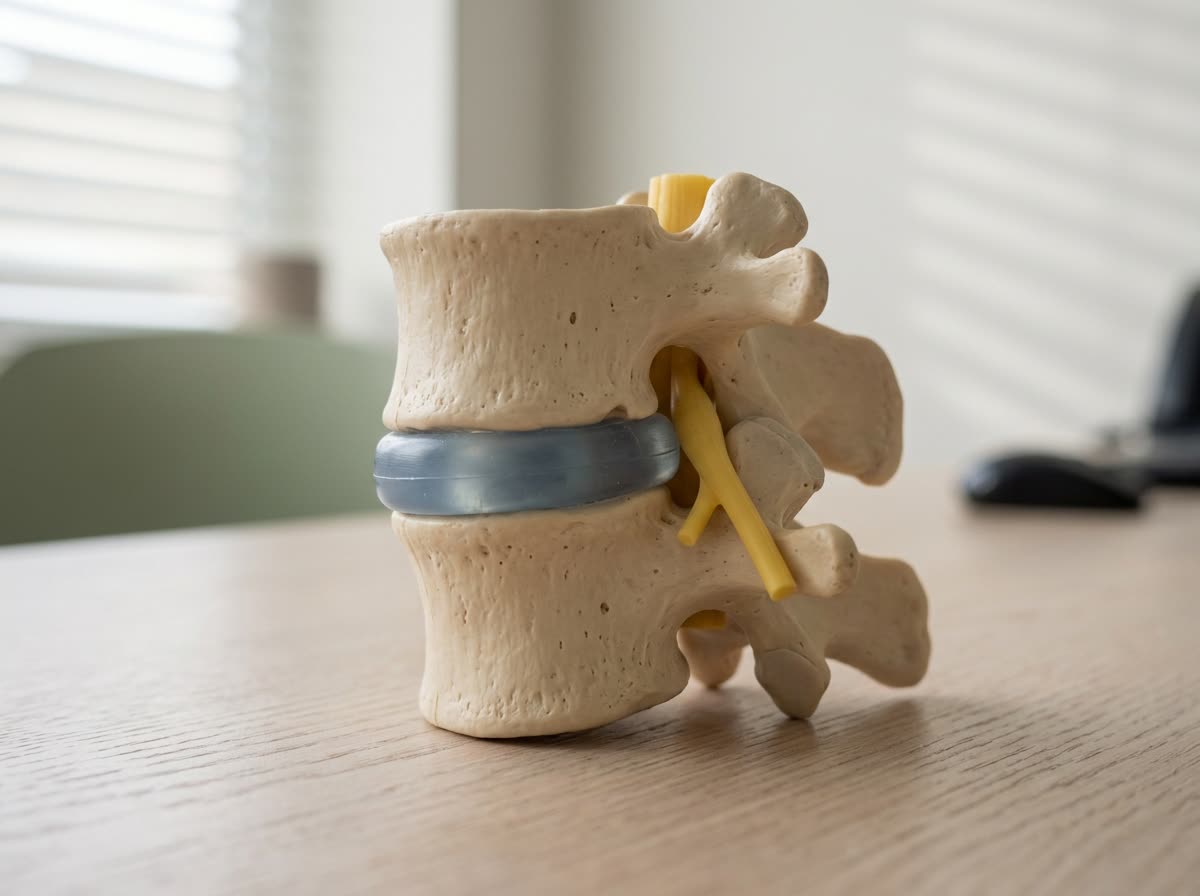 Macro view of a lumbar spine model showing the disc between two vertebrae and the nerve channel.