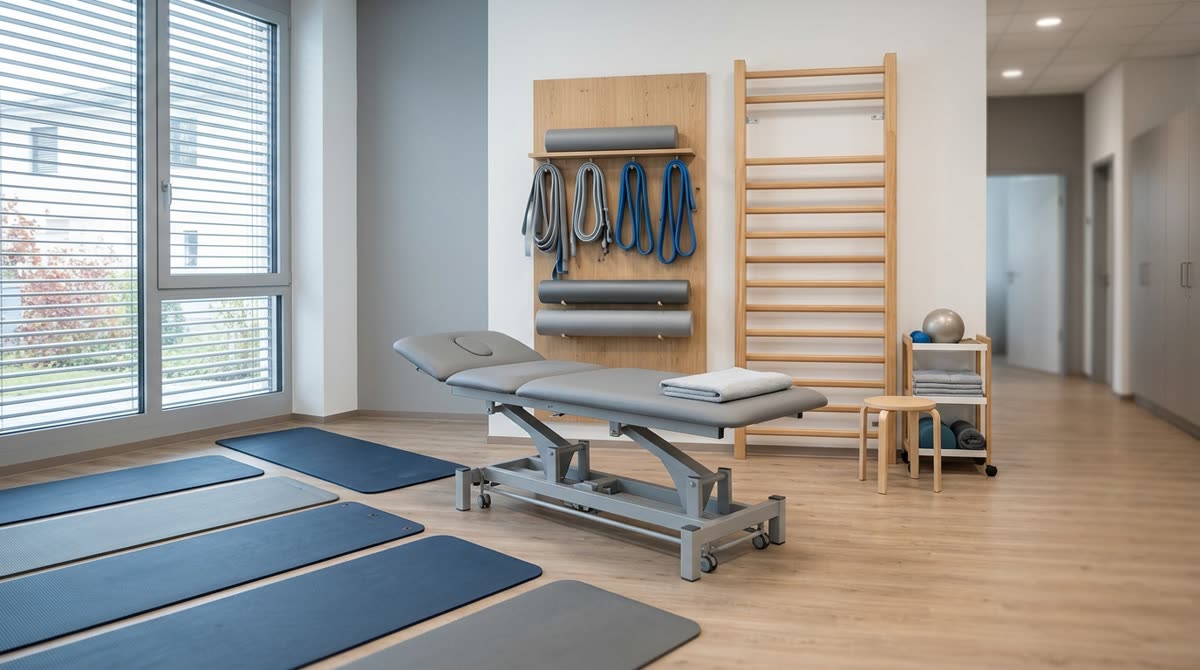 An empty rehab bay with a padded table, floor mats, wall bars and stretch straps in a rack.