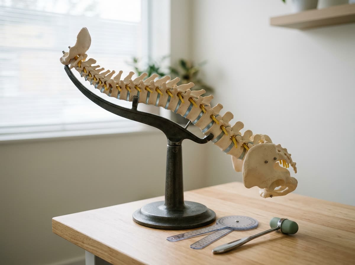 A full articulated spine model on a desk stand beside a goniometer and a percussion hammer.