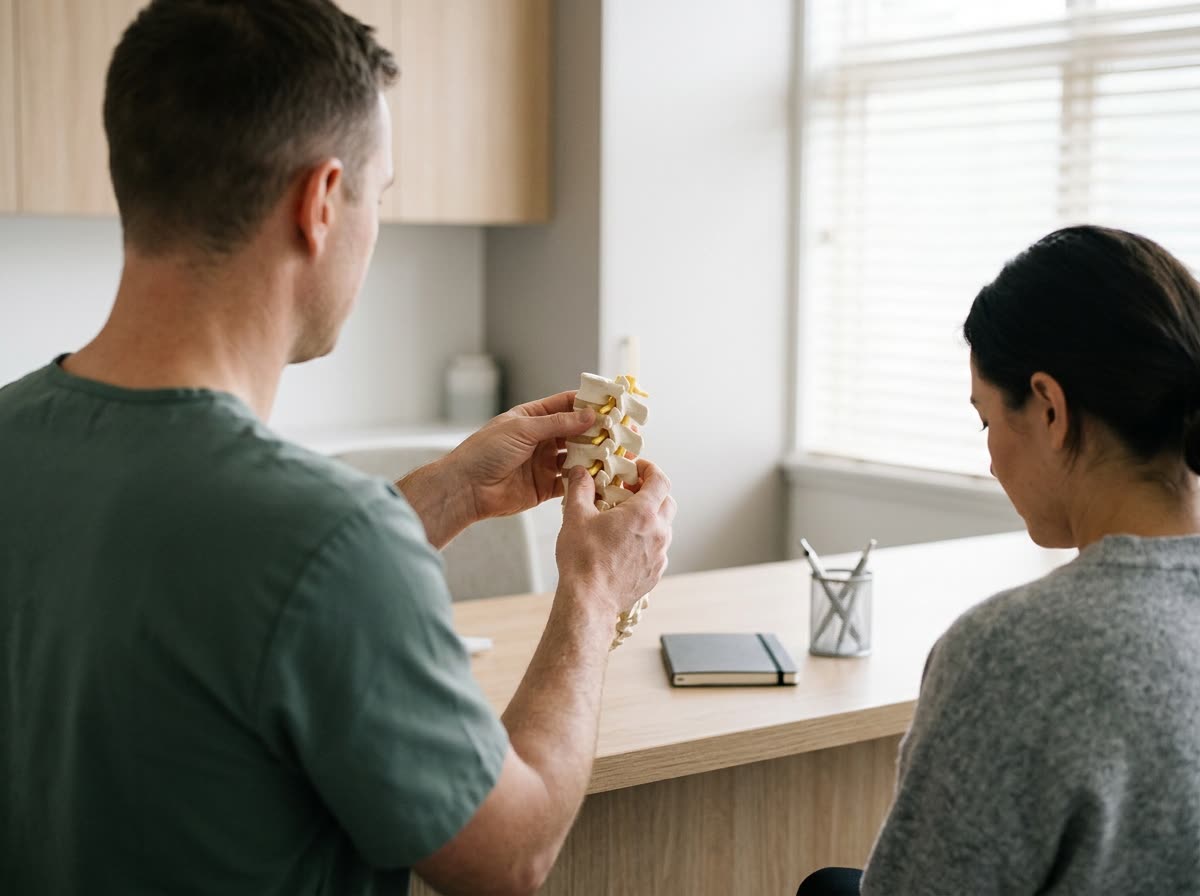 A clinician seen from behind turns a spine model in their hands as a seated patient looks on.